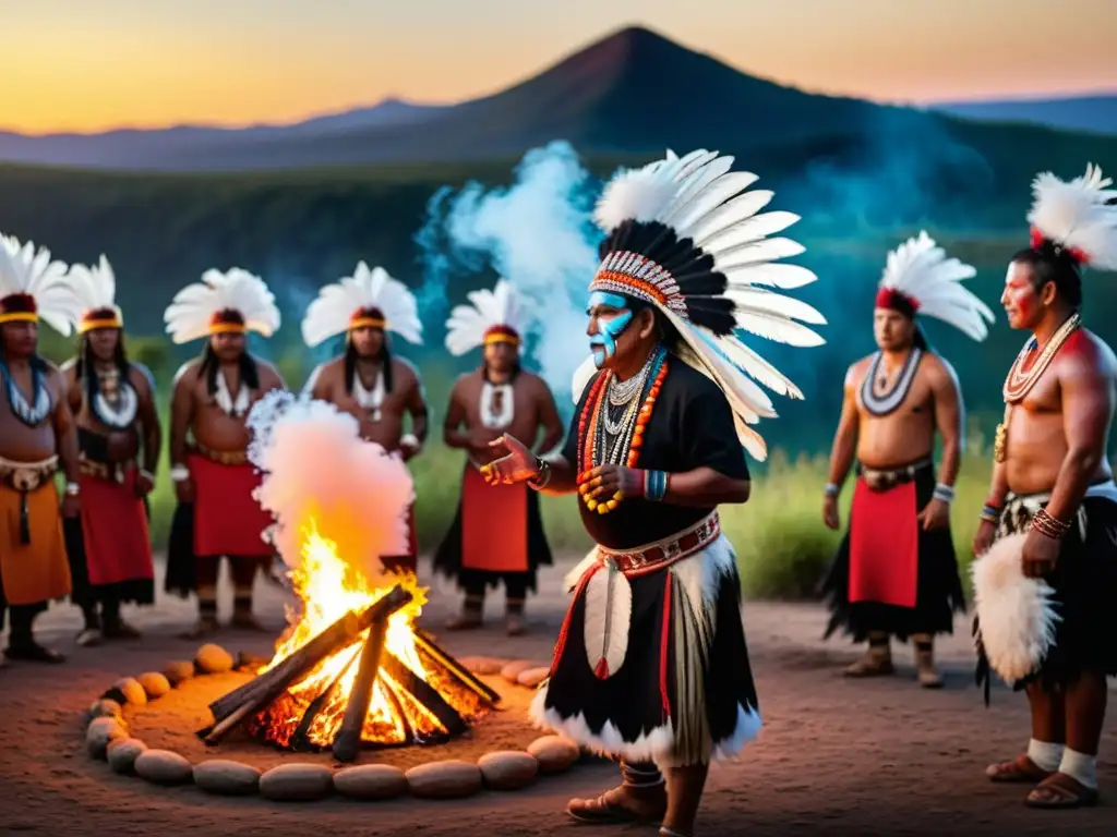 Un ritual indígena capturado en detalle, con un chamán liderando una danza alrededor del fuego ceremonial