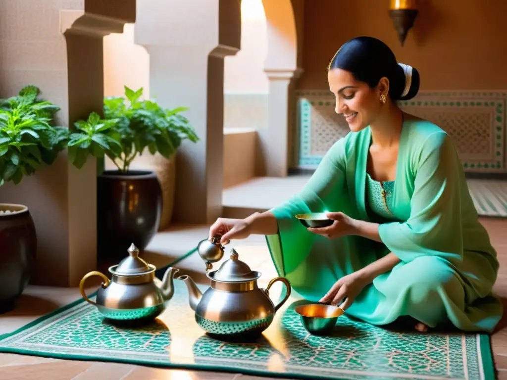 Ritual del té en el Magreb: Mujer sirviendo té de menta en un patio soleado con mosaicos y decoraciones tradicionales