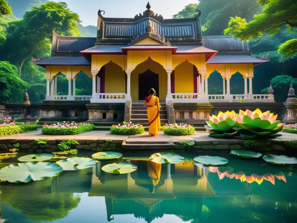 Ritual de purificación en el Ramayana: Templo de piedra tallada, agua cristalina y mujeres con saris y flores de loto