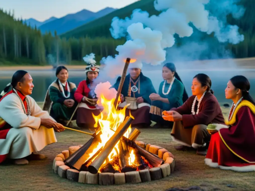 Ritual sagrado Siberiano ofrenda siete elementos: chaman con participantes alrededor de la fogata, inmersos en la ceremonia ancestral