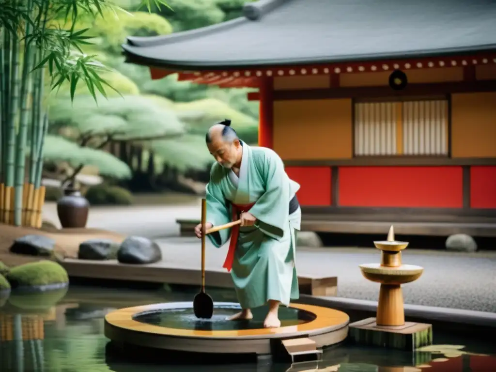 Un ritual de purificación Shinto en un sereno santuario japonés