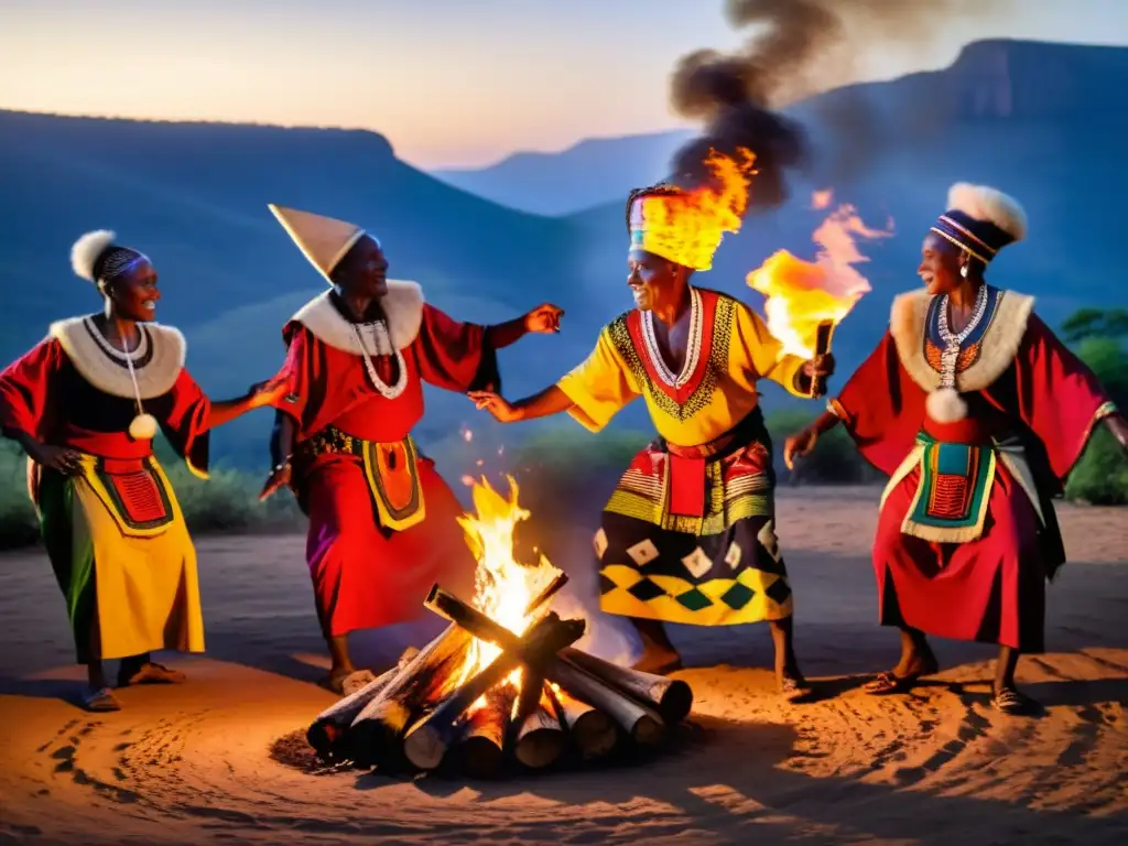 Rituales ancestrales de África Francófona: Ancianos danzando alrededor del fuego en vestimenta tradicional, en un escenario místico y vibrante