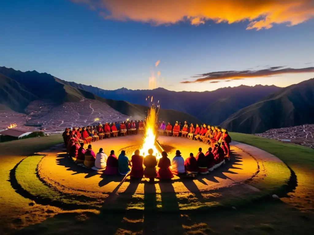 Rituales ancestrales Perú diversidad cultural: Quechua en Inti Raymi, Cusco, danzas y música en la puesta de sol sobre montañas