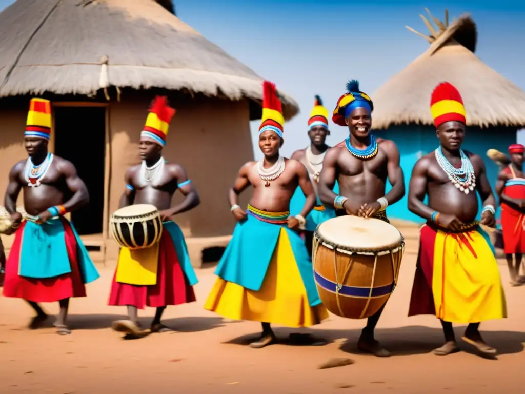 Rituales ancestrales de África Francófona: Vibrante danza tradicional en una aldea africana con atuendos coloridos y expresiones intensas