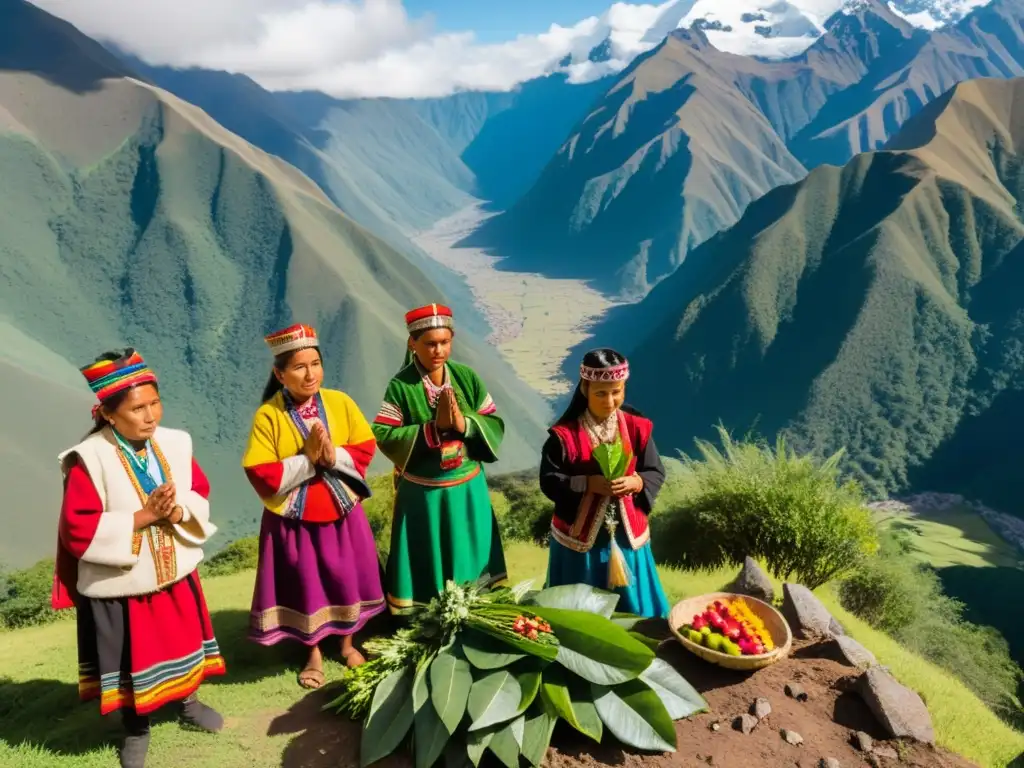 Rituales andinos a Pachamama Tierra Madre: Indígenas en vestimenta tradicional ofrecen a la Madre Tierra en los majestuosos Andes