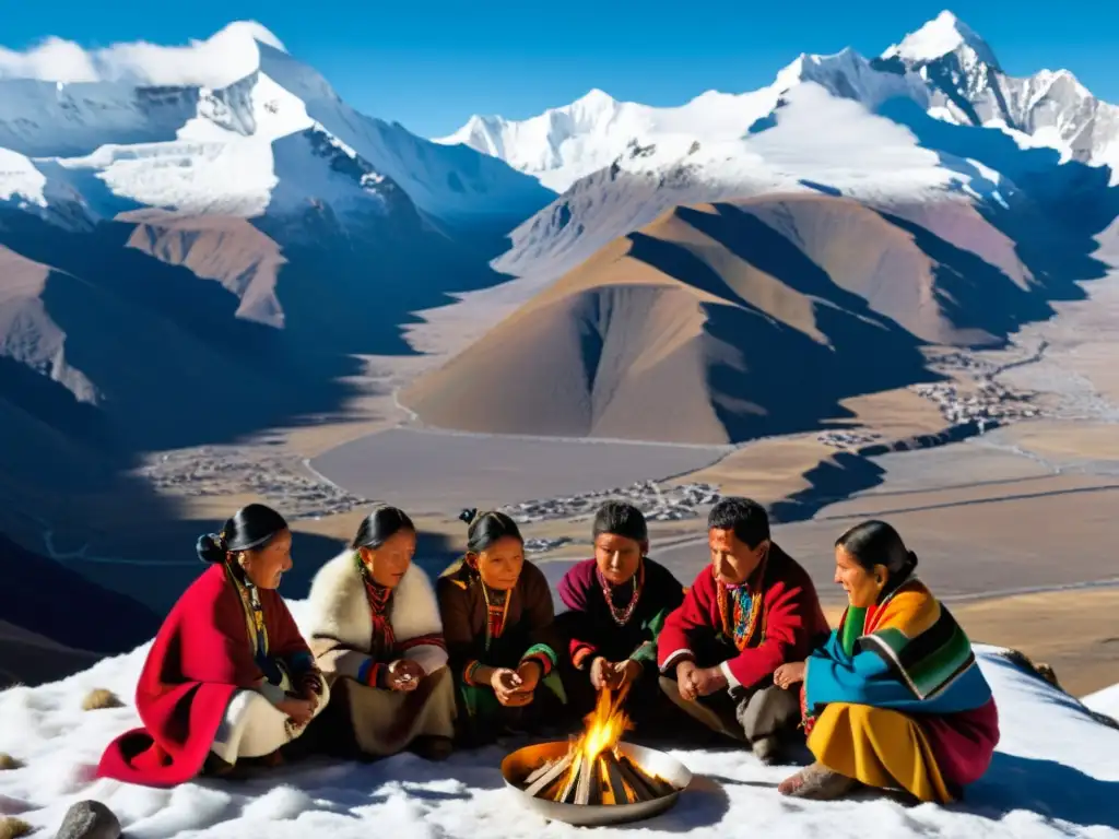 Rituales Aymara Andino: grupo realizando ritual tradicional en la base de una montaña nevada, con vestimenta y símbolos tradicionales