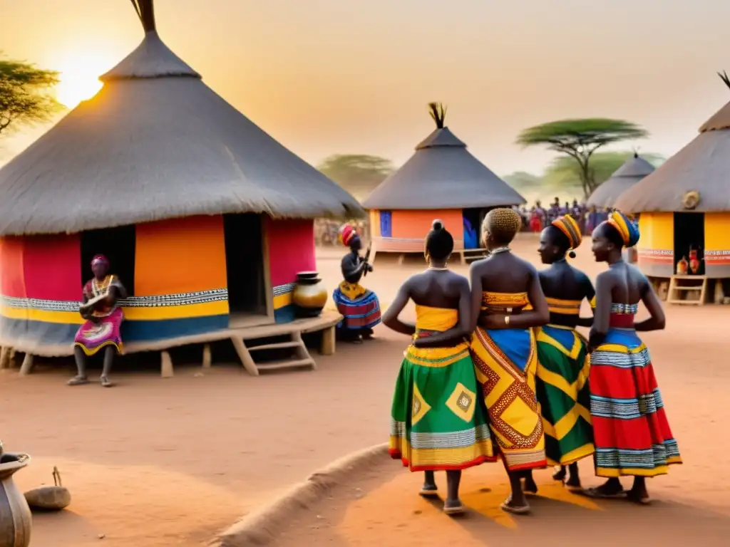 Rituales de bienvenida en África Francófona: Mujeres danzando y hombres tocando música tradicional en un colorido pueblo al atardecer