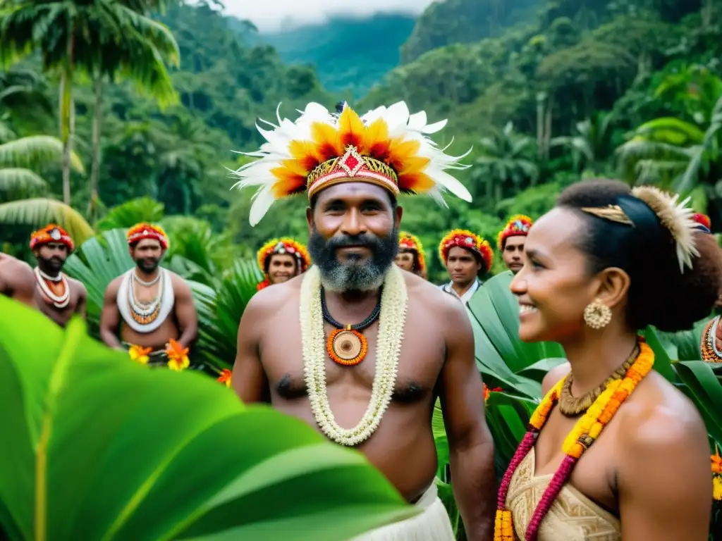 Rituales de bodas tradicionales Papúa: Matrimonio en la exuberante jungla de Papúa con atuendos tradicionales y expresiones festivas