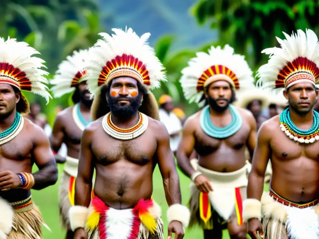 Rituales de bodas tradicionales Papúa: Hombres y mujeres danzando en atuendos tradicionales, rodeados de exuberante vegetación tropical