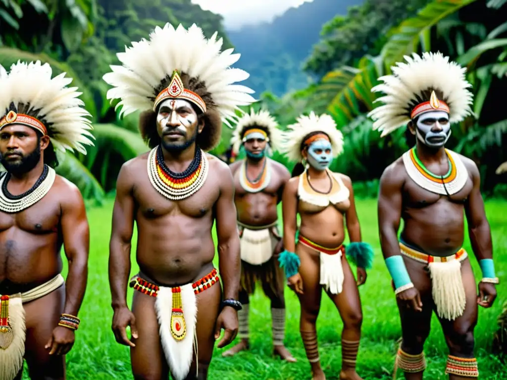 Rituales de bodas tradicionales Papúa: Grupo celebrando en la selva con trajes coloridos y danzas ceremoniales