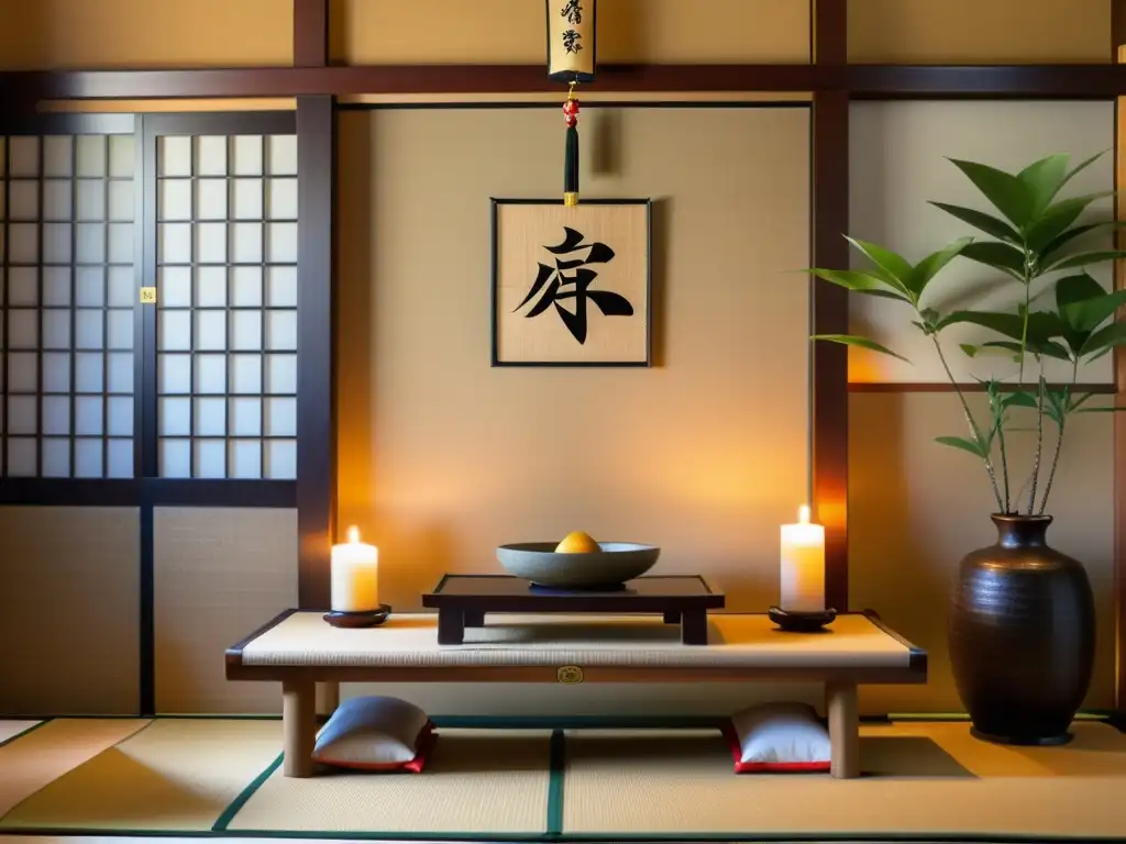 Rituales y costumbres del Shintoismo: Familia japonesa realiza rituales diarios en un altar kamidana en una hermosa habitación tatami