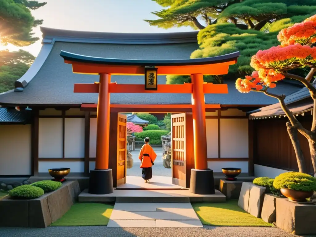 Rituales y costumbres del Shintoismo: Familia japonesa realiza purificación en un jardín tradicional al atardecer, frente a un torii de madera tallada