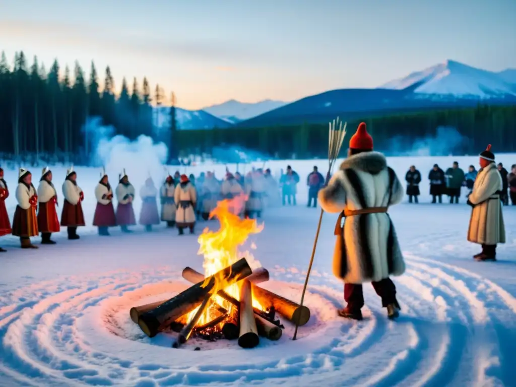 Rituales culturales lobo Siberia: Fotografía documental de un festival siberiano en la nieve, con baile y lobos en la distancia