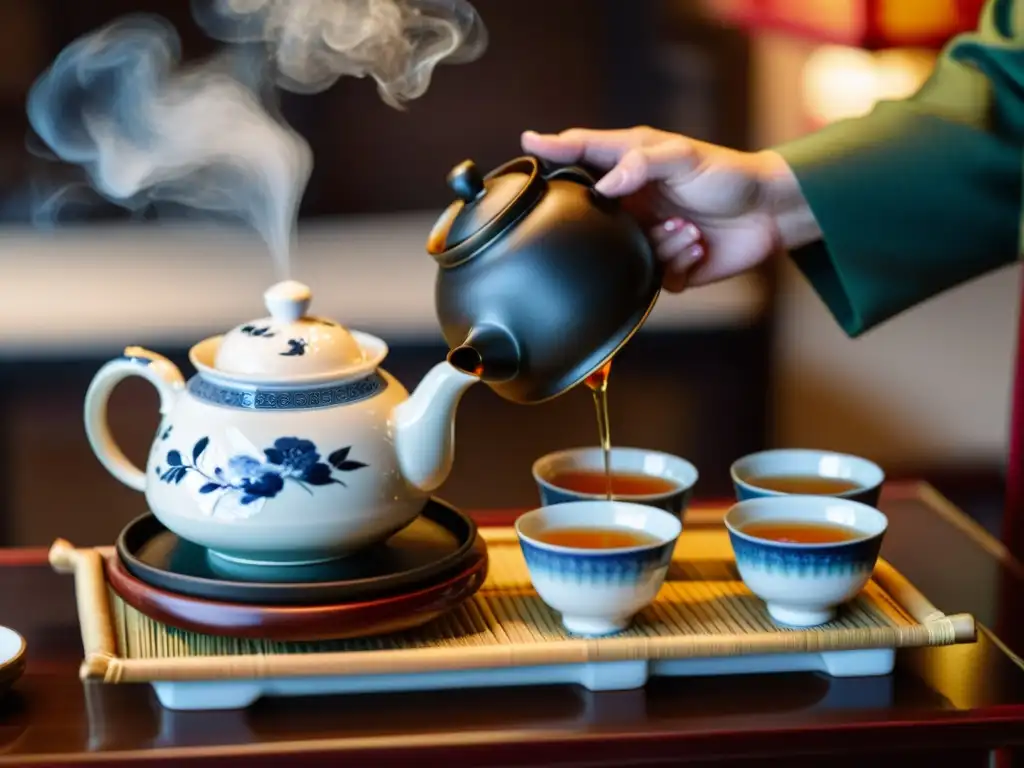 Rituales del té en culturas: Ceremonia de té china en un ambiente sereno y culturalmente inmersivo con elegante vajilla y maestro de té