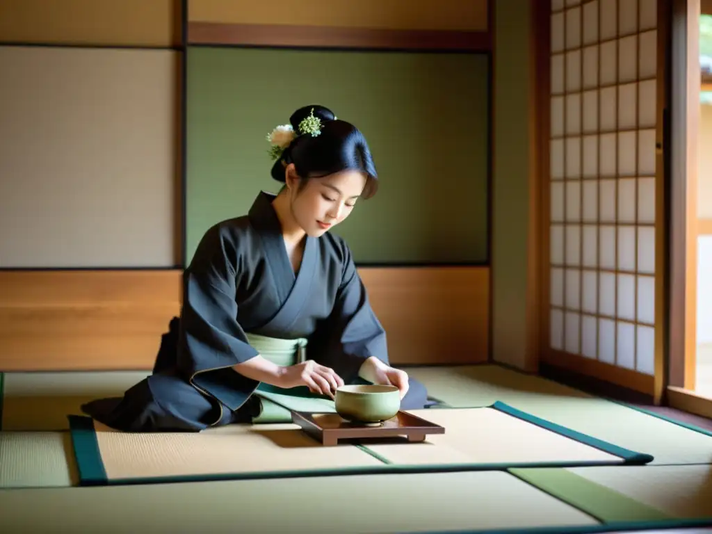 Rituales del té en culturas: Ceremonia del té japonesa en una serena sala de tatami, con maestro preparando matcha y decoración tradicional