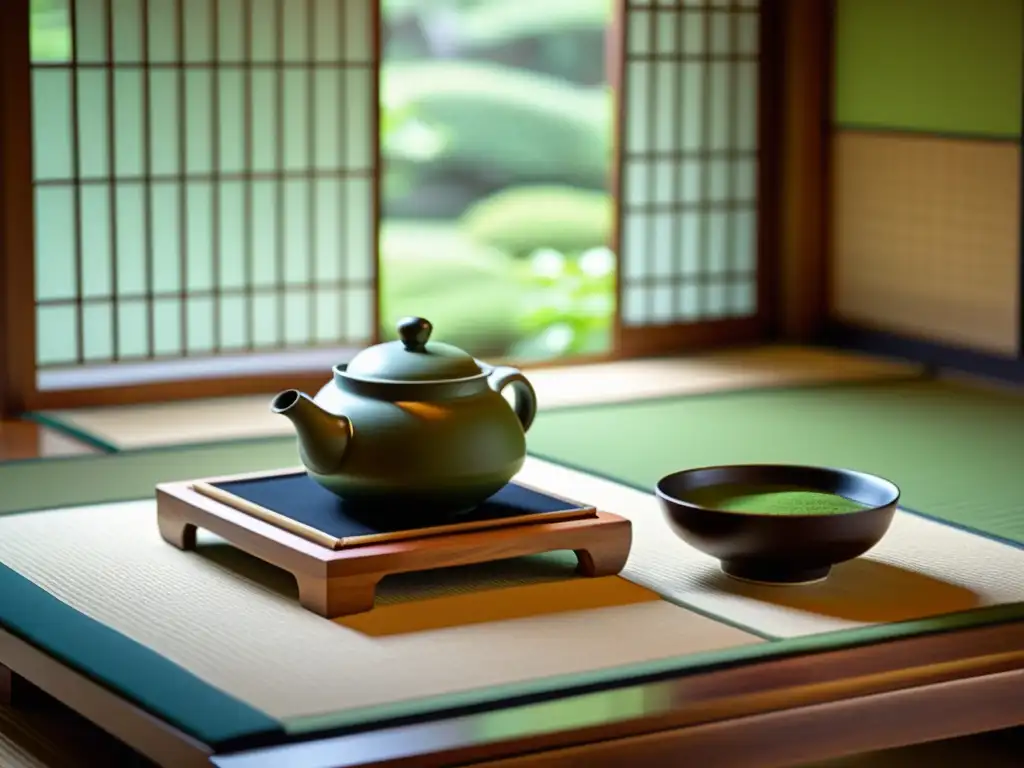 Rituales del té en culturas: Ceremonia japonesa del té con ambiente sereno y detalles intrincados