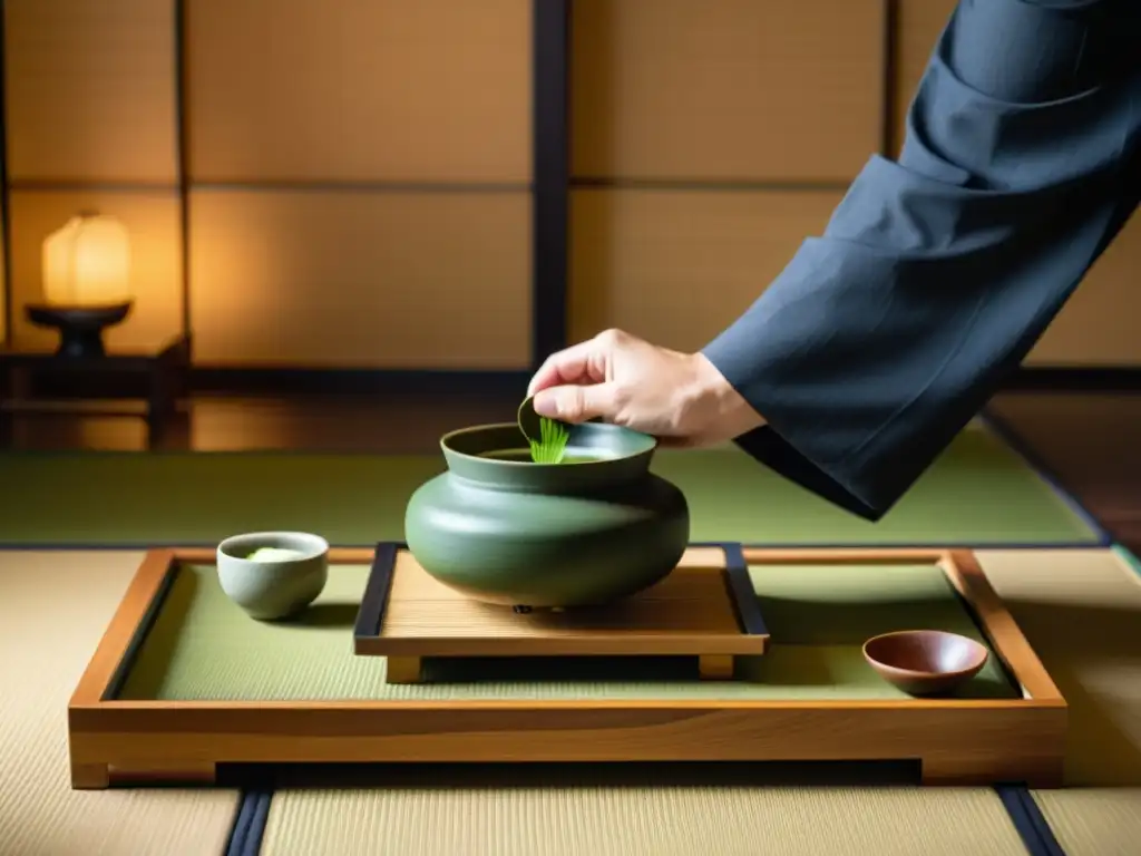 Rituales del té en culturas: Ceremonia japonesa del té con maestro preparando matcha en una sala serena con luz natural y utensilios elegantes