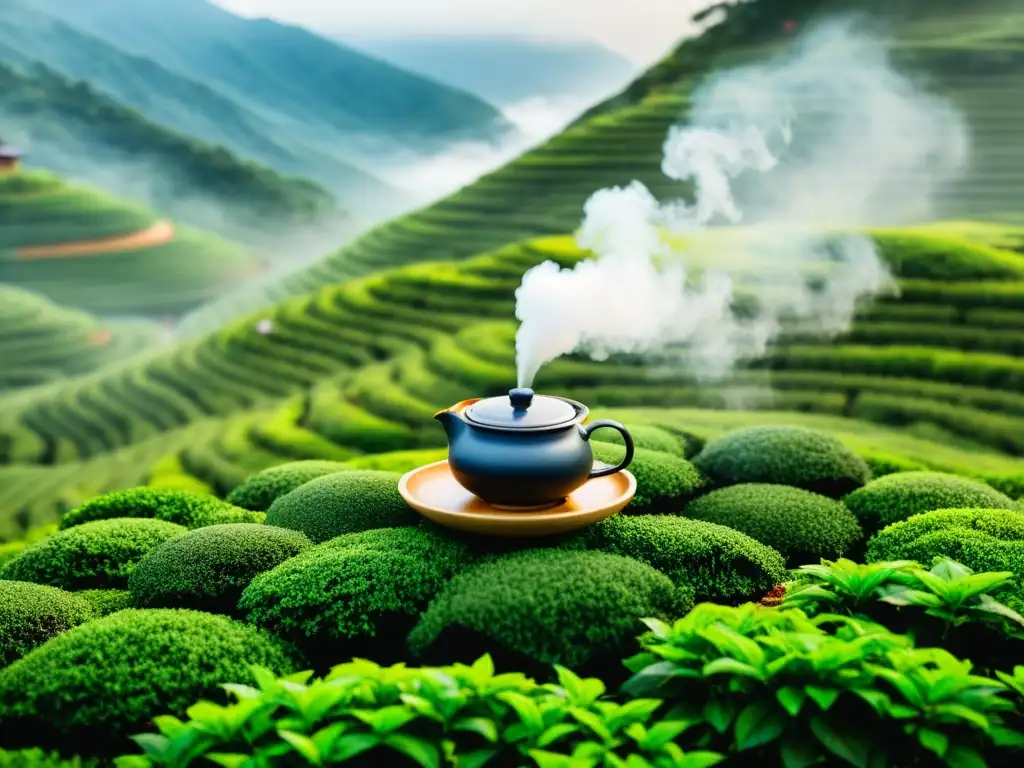 Rituales del té en culturas: Detallada imagen de una ceremonia tradicional taiwanesa en una plantación de té montañosa y neblinosa