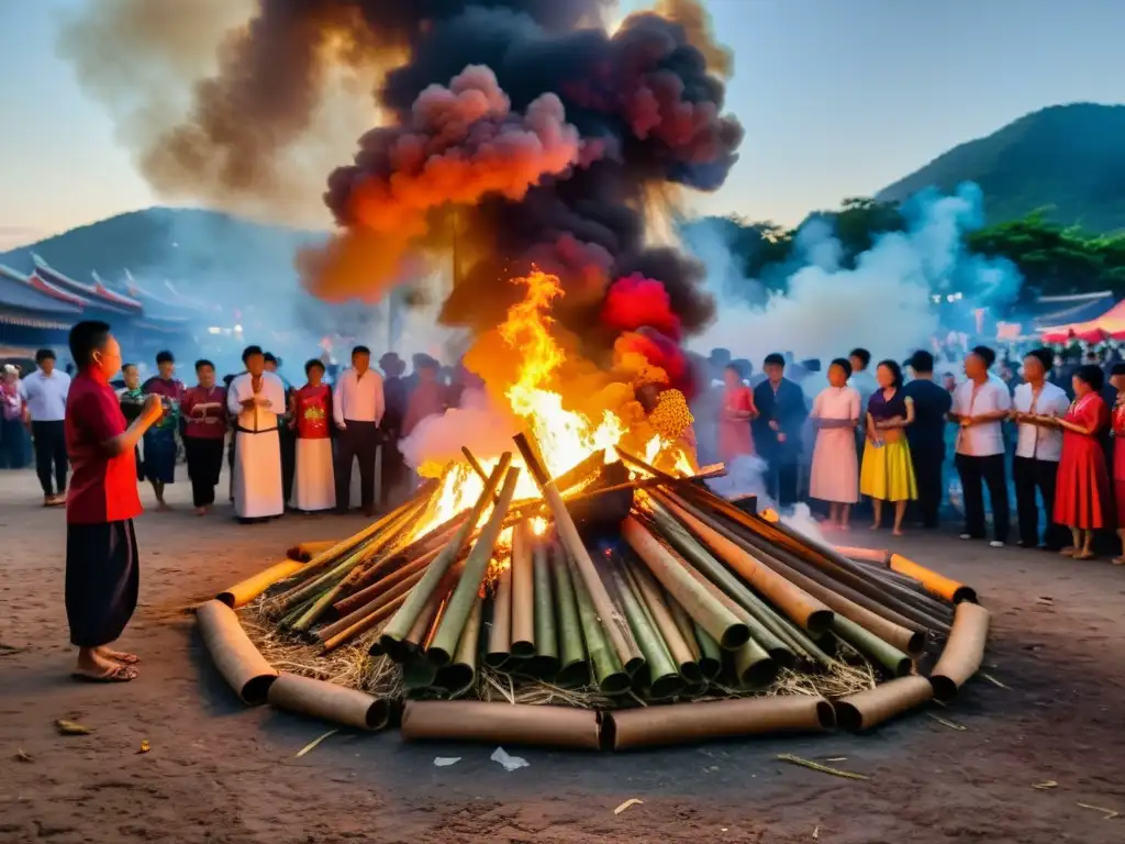 Rituales de veneración en el Festival Hungry Ghost, con personas bailando alrededor de una gran fogata, ofreciendo comida e incienso