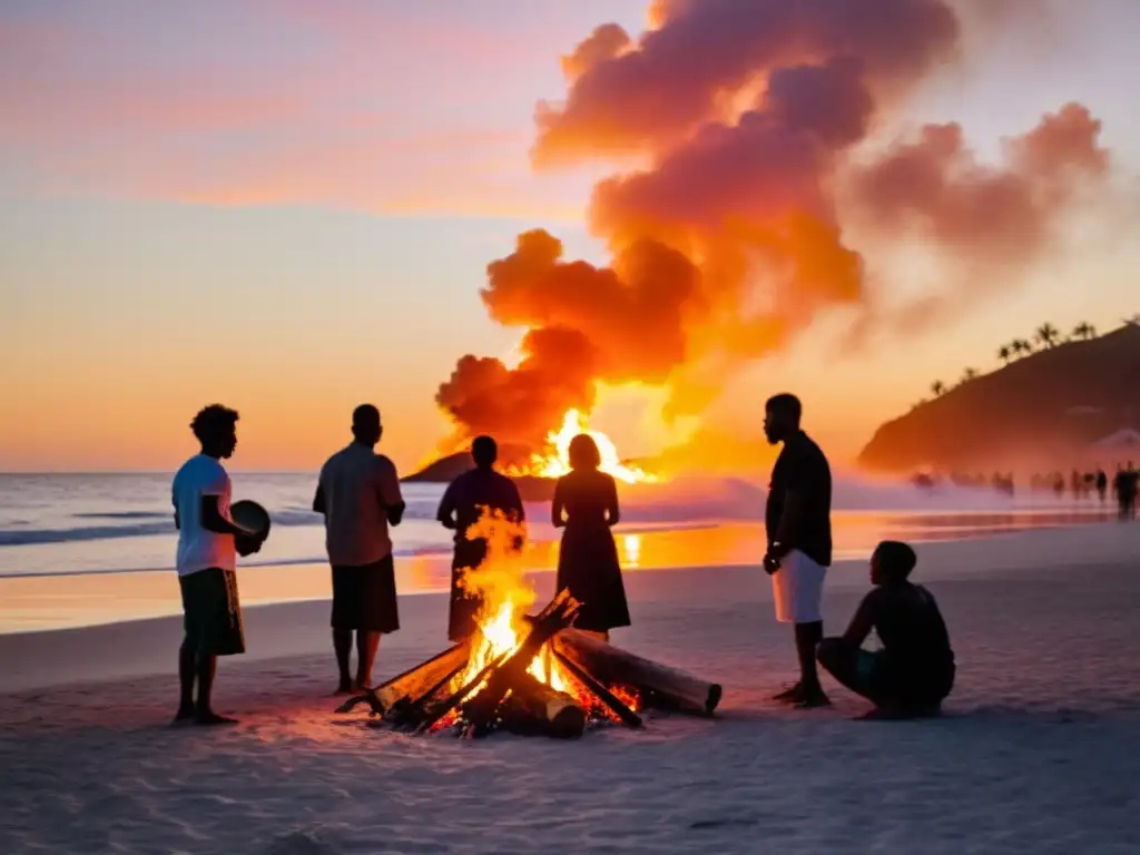 Rituales de purificación en San Juan: Celebración alrededor de la fogata en la playa al atardecer, con participantes realizando actividades ceremoniales