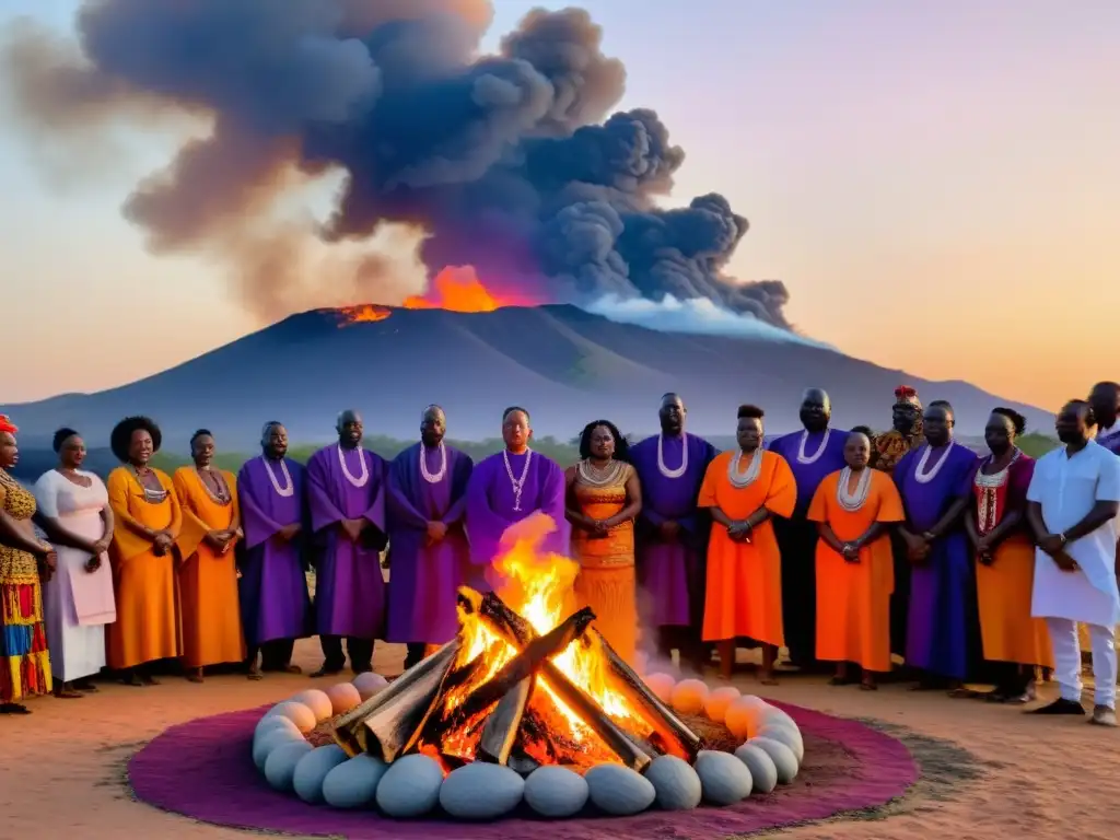 Rituales funerarios en África Francófona: Ceremonia alrededor de la fogata con danza y reverencia en un atardecer vibrante