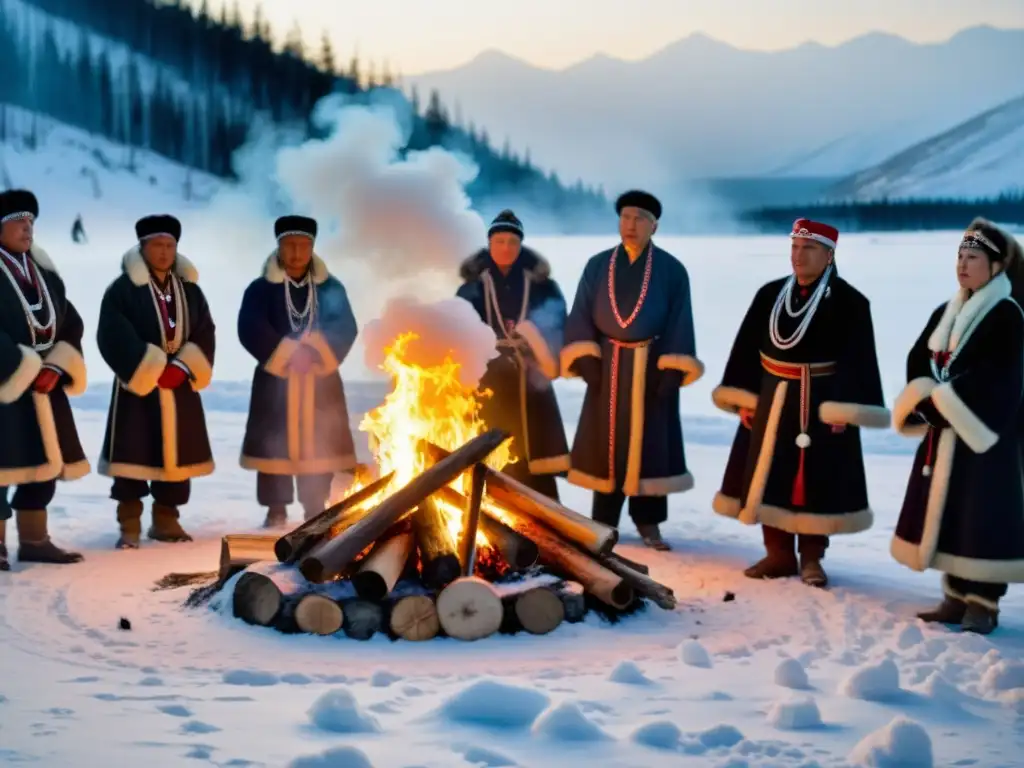 Rituales funerarios tribales en Siberia: miembros en atuendo tradicional alrededor de una pira funeraria en un paisaje nevado, mostrando respeto y reverencia