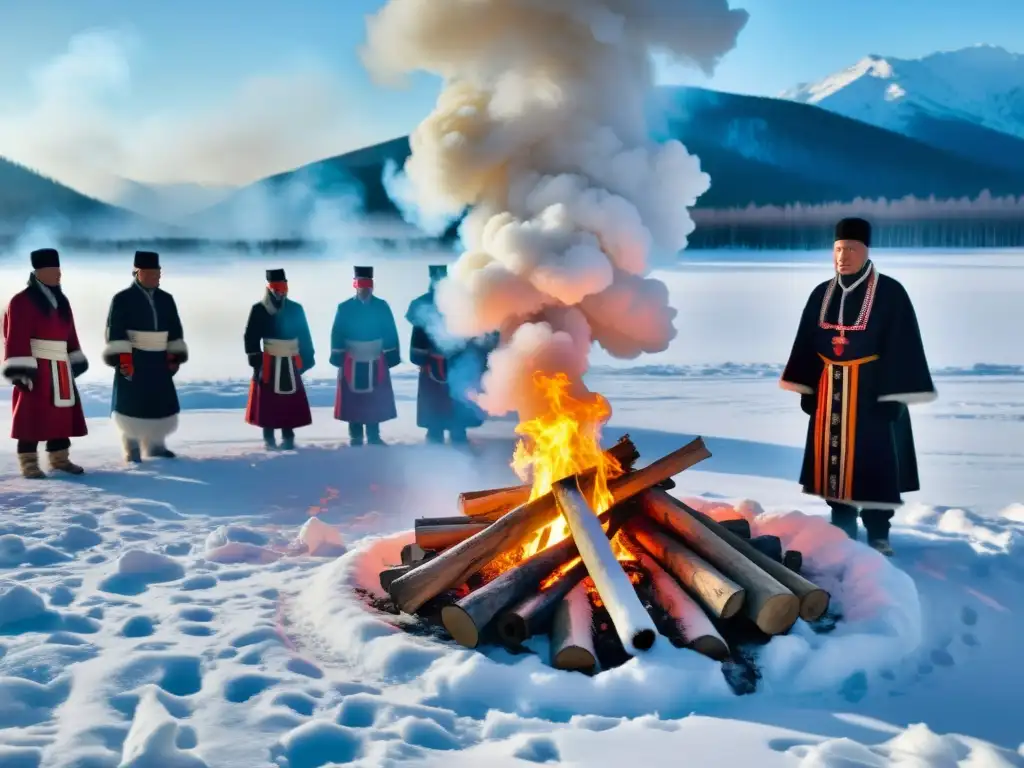 Rituales funerarios tribus Siberia: ceremonia ancestral en paisaje nevado con respeto y reverencia