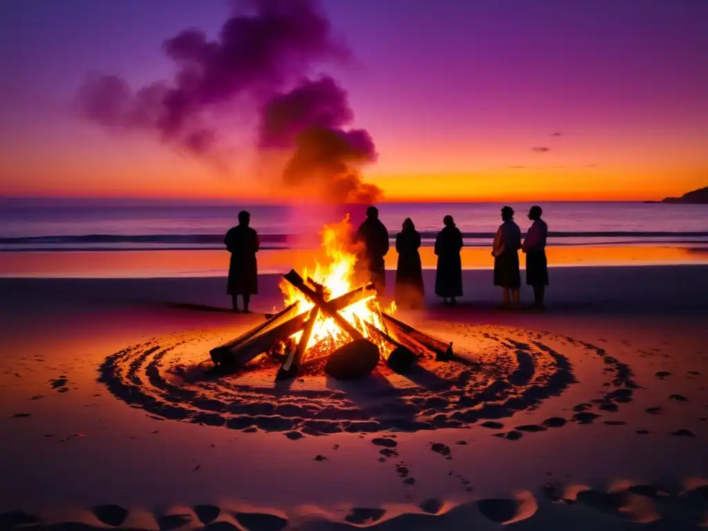 Rituales de purificación en San Juan: Hoguera en la playa al atardecer con siluetas de personas alrededor, en el solsticio de invierno