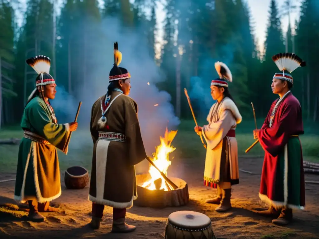 Rituales indígenas en Siberia: chamanes en círculo, vestidos tradicionalmente, bailando alrededor de una fogata en el bosque