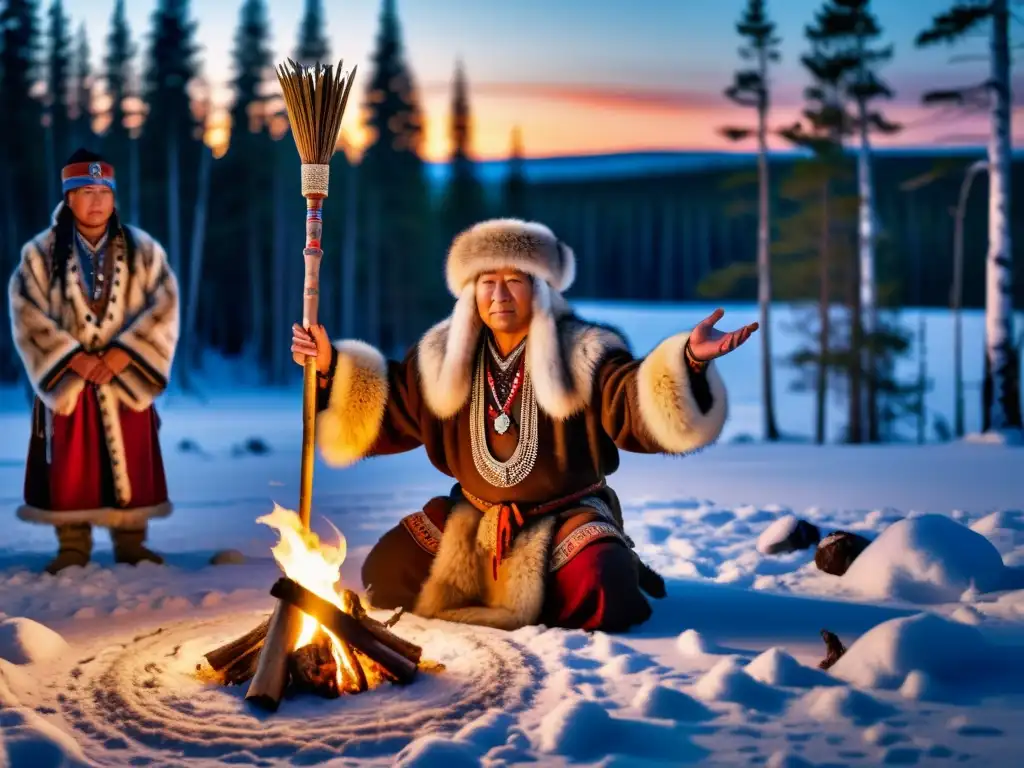 Un shaman realiza rituales de invierno en Siberia, rodeado de nieve y árboles, en una escena mística