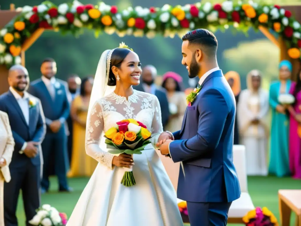 Rituales de matrimonio intercultural musulmán: una pareja intercambia votos en una hermosa ceremonia rodeada de diversidad y amor