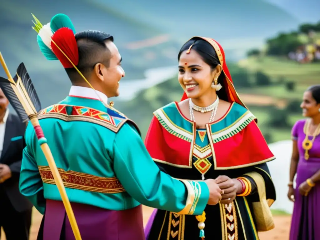 Rituales de matrimonio en Buriatia: Pareja intercambia símbolos tradicionales durante colorida ceremonia nupcial en paisaje pintoresco