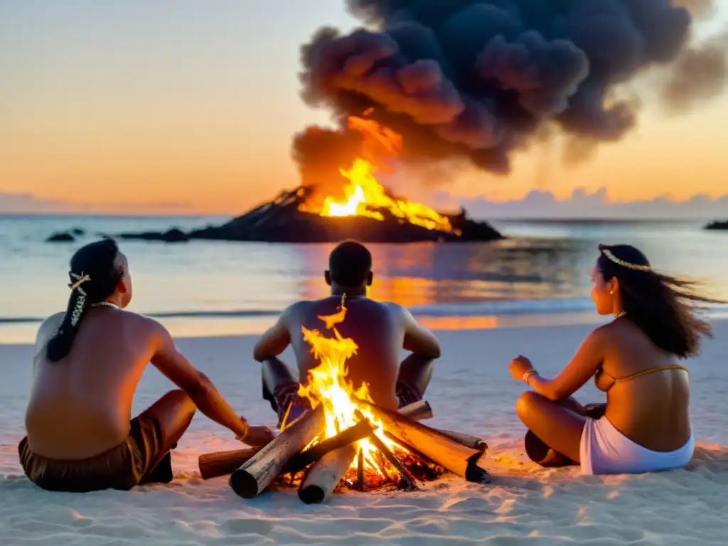 Rituales de Valentía en Micronesia: Hombres y mujeres Micronesios bailando alrededor de una fogata en la playa al atardecer