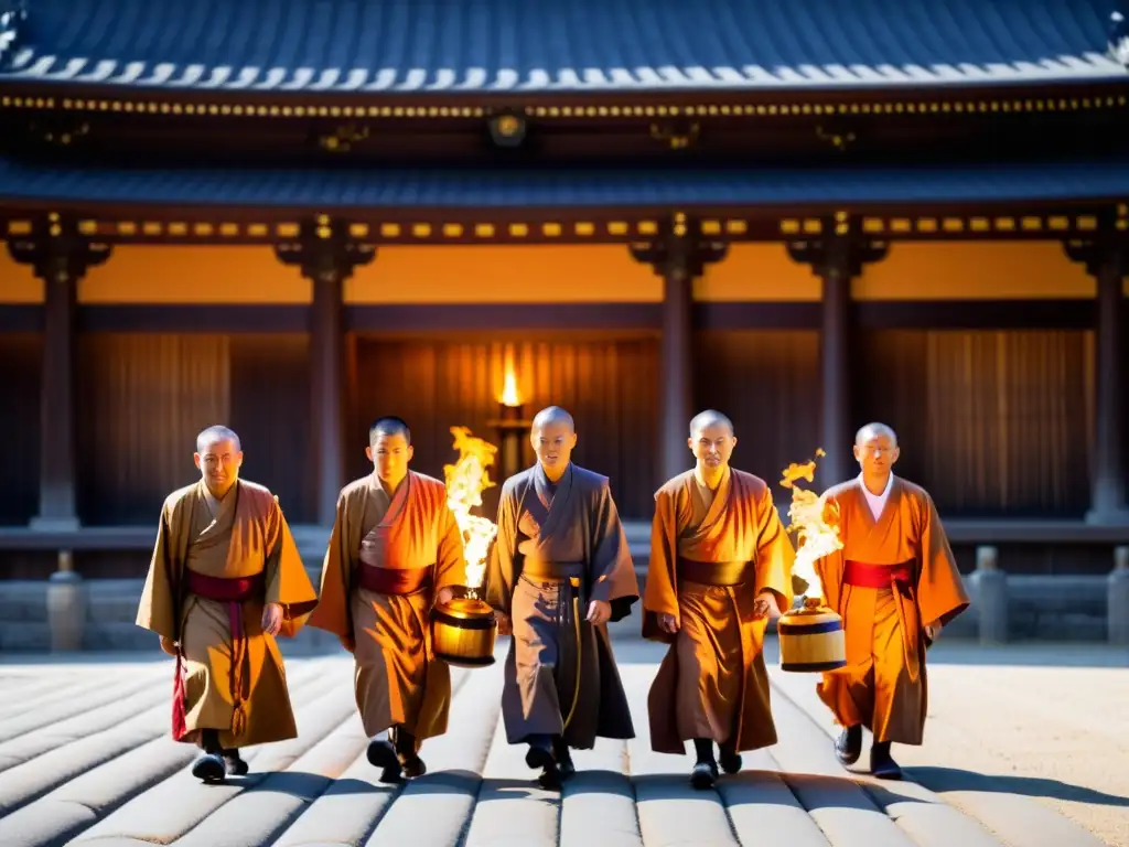 Rituales Omizutori en Todaiji: Monjes con antorchas iluminan el templo, creando una atmósfera mística y sagrada