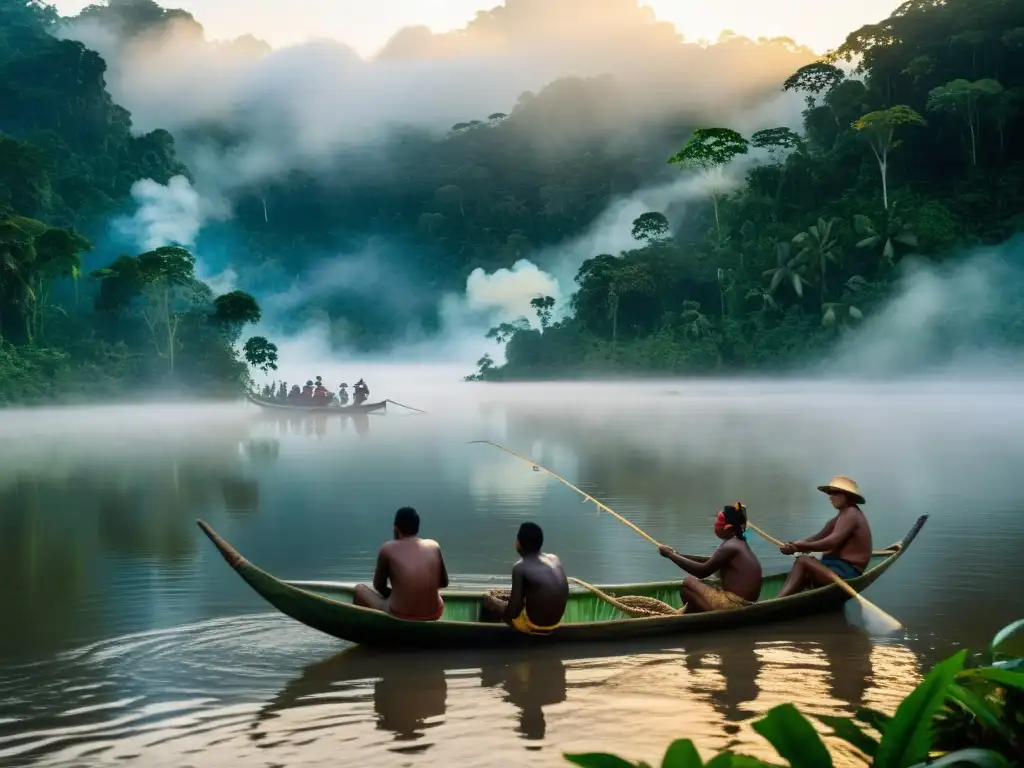 Rituales de pesca en el Amazonas: Detallada imagen de indígenas pescando al amanecer en la selva, rodeados de naturaleza exuberante