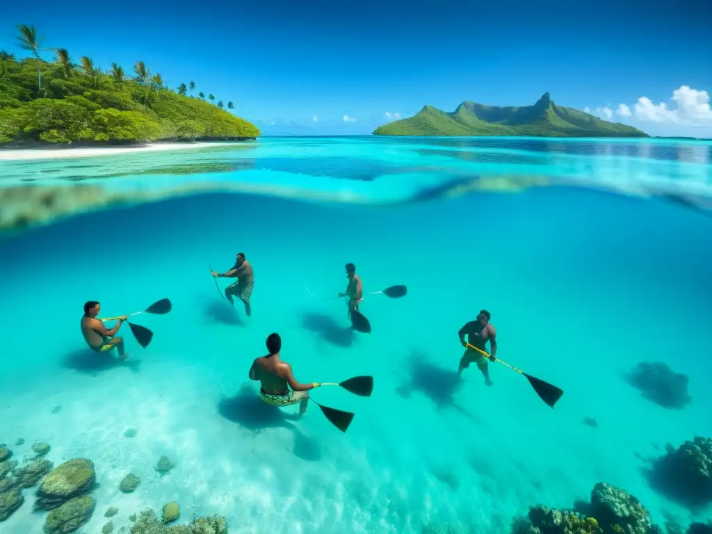 Rituales de pesca en Micronesia: Fotografía submarina de pescadores micronesianos en un ritual tradicional, rodeados de vida marina colorida