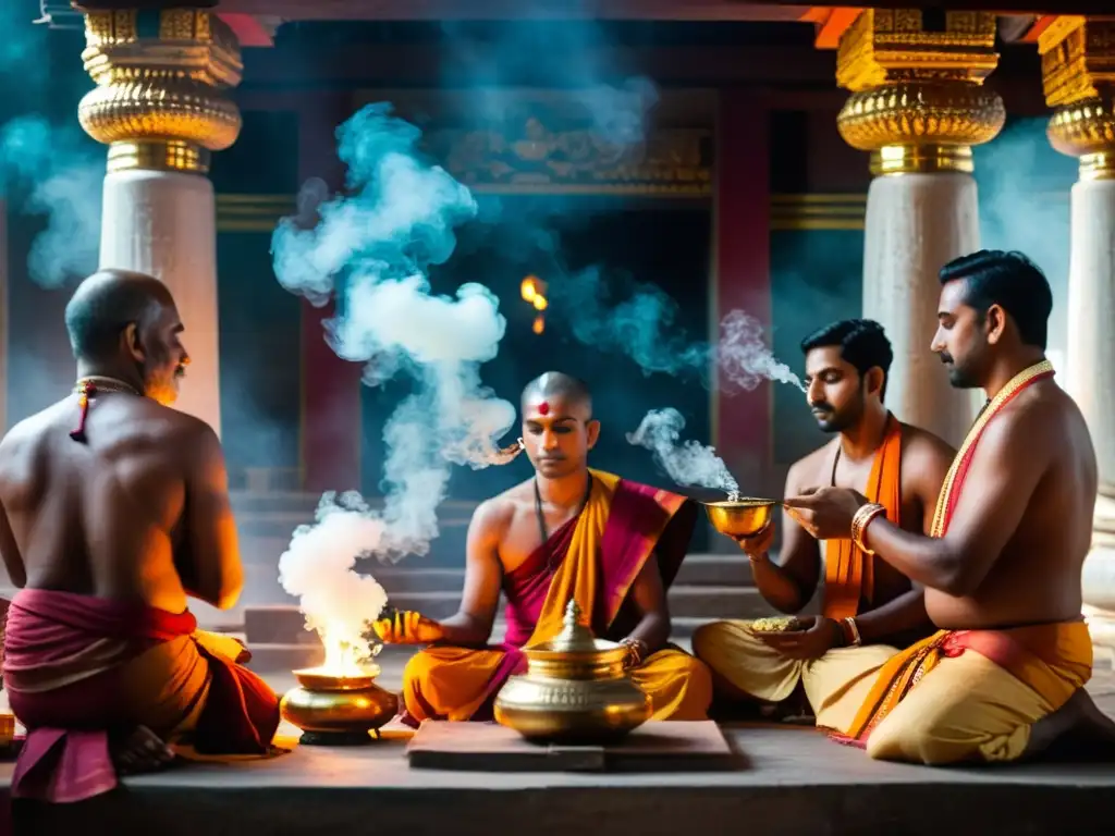 Hindu priests realizan rituales sagrados con tabaco en templo de la India, creando una atmósfera mística y reverente