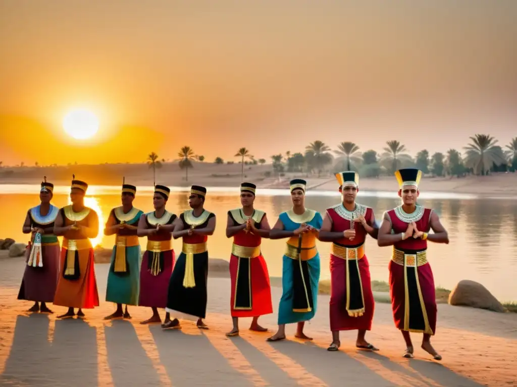 Rituales tradicionales celebrados en Egipto: Una danza egipcia tradicional a orillas del río Nilo al atardecer, con trajes vibrantes y movimientos intrincados