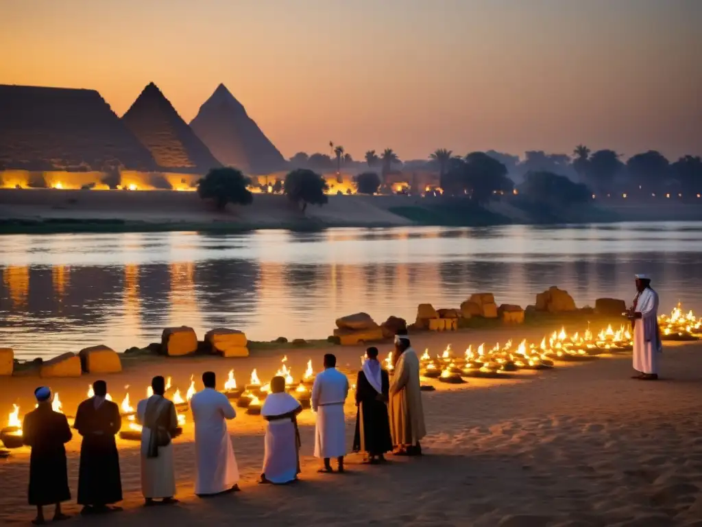 Rituales tradicionales celebrados en Egipto: Locales reunidos a orillas del Nilo al atardecer, iluminados por antorchas mientras se preparan para una ceremonia ritual junto a ruinas antiguas