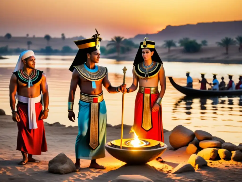 Rituales tradicionales celebrados en Egipto: Grupo de locales realiza danza sagrada al atardecer junto al Nilo, con coloridos atuendos y música ritmo