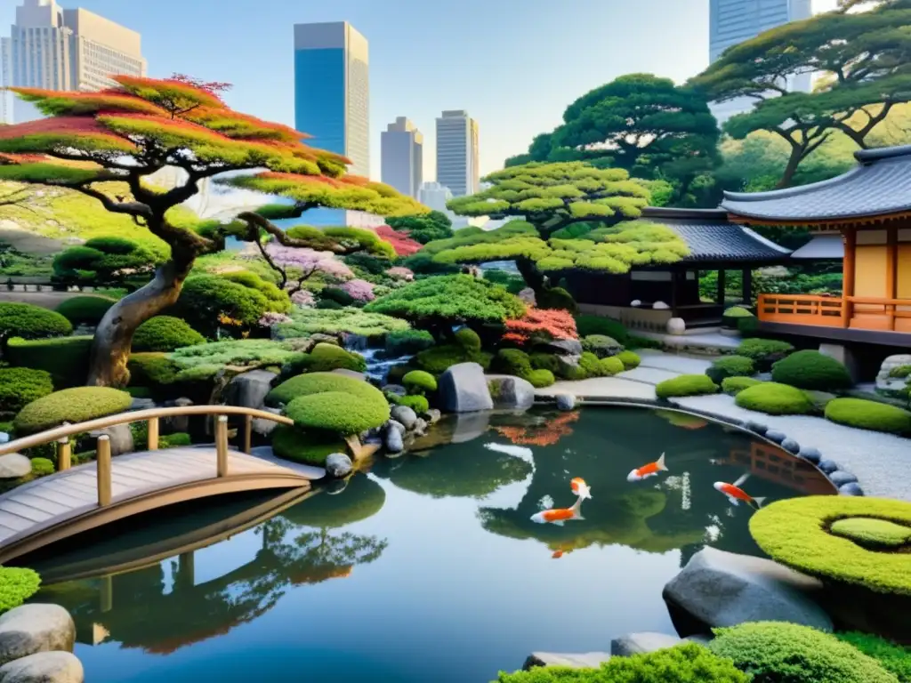 Rituales tradicionales japoneses en ciudades: Jardín japonés con bonsáis, estanque de peces koi y casa de té, contrastando con rascacielos urbanos