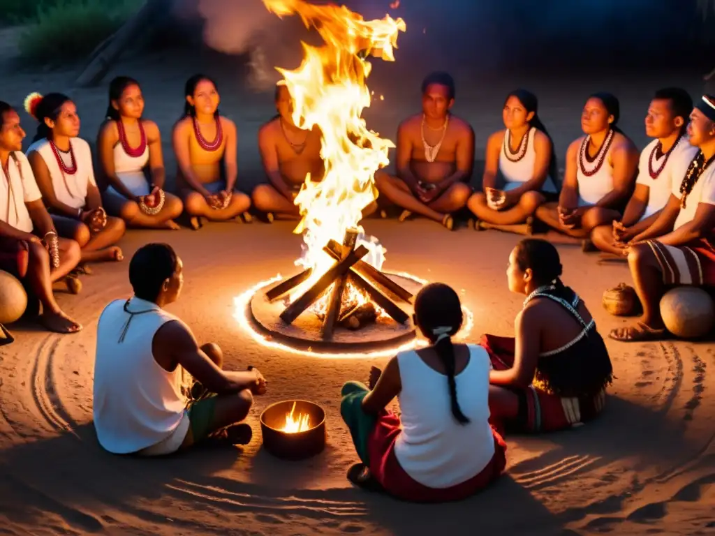 Rituales de trance en tribus: grupo indígena en ceremonia alrededor del fuego, con expresiones concentradas y atuendos tradicionales