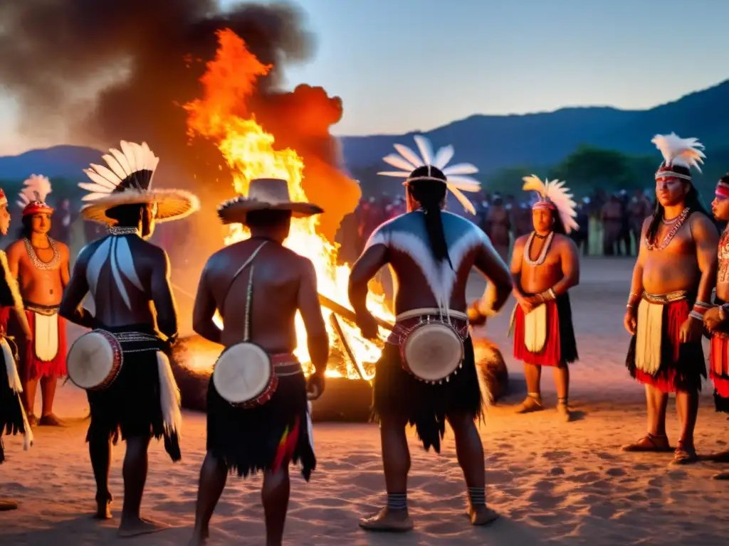 Rituales de trance en tribus: Indígenas danzando alrededor del fuego, con atuendos tradicionales y rostros iluminados por las llamas