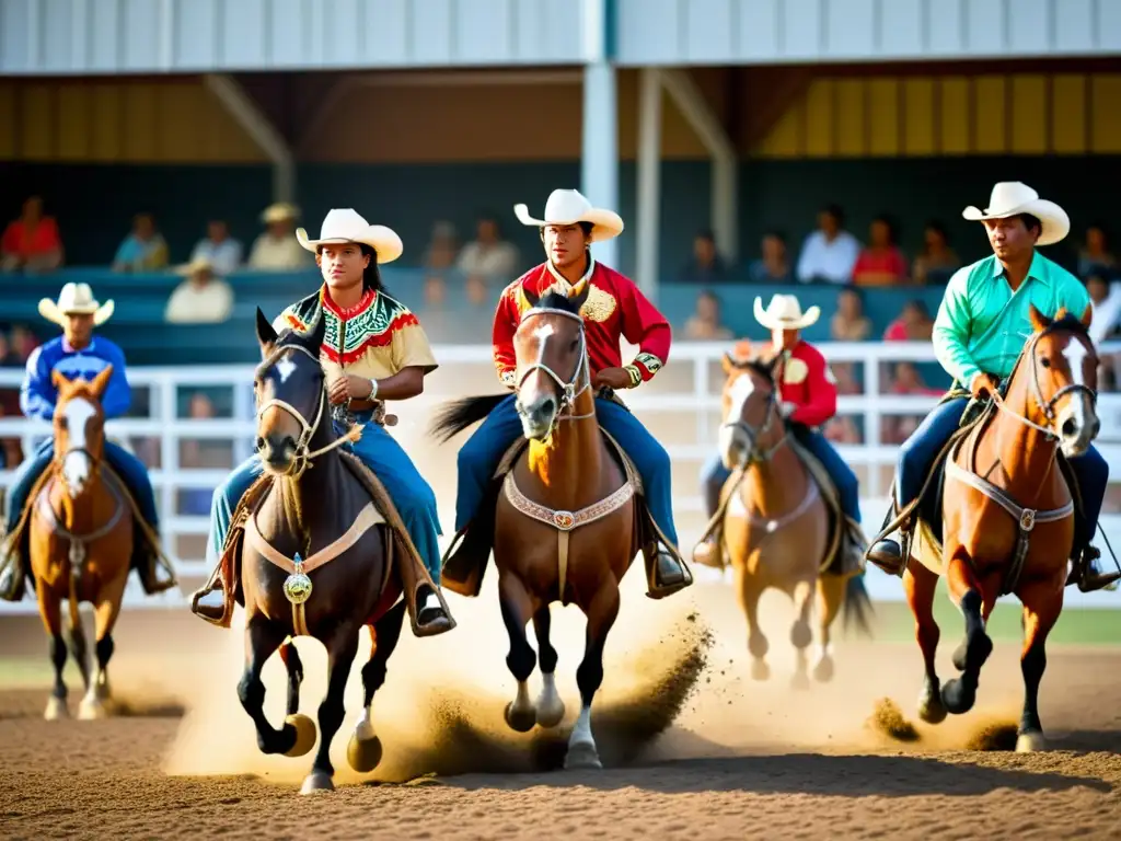 Rodeo Polinesio: jinetes con trajes tradicionales en la arena, demostrando habilidad y conexión con su herencia cultural