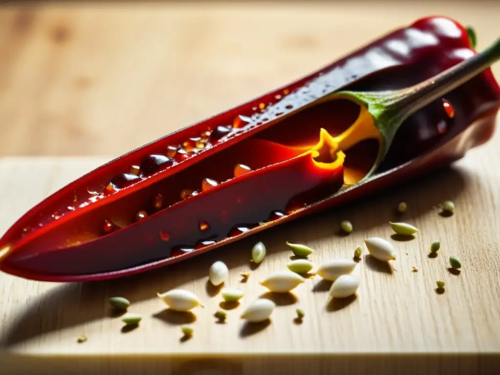 Un chile rojo vibrante se corta en un tablero de madera, revelando sus semillas y su interior picante