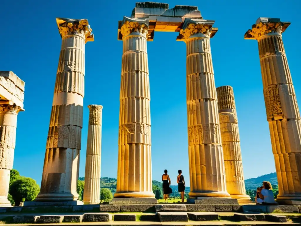 Ruinas de la antigua ciudad griega de Olimpia, con majestuosas columnas del Templo de Zeus y visitantes admirando las escenas de la mitología griega