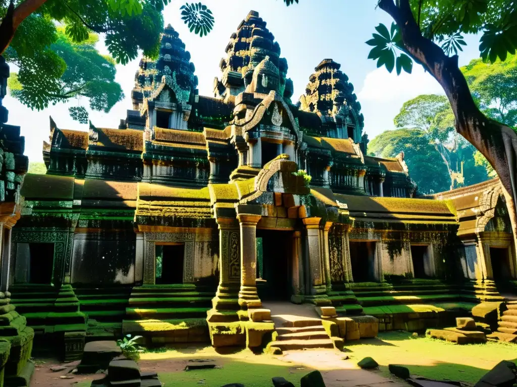 Ruinas de templo en la selva de Angkor, envueltas en vegetación, creando una atmósfera mística y antigua