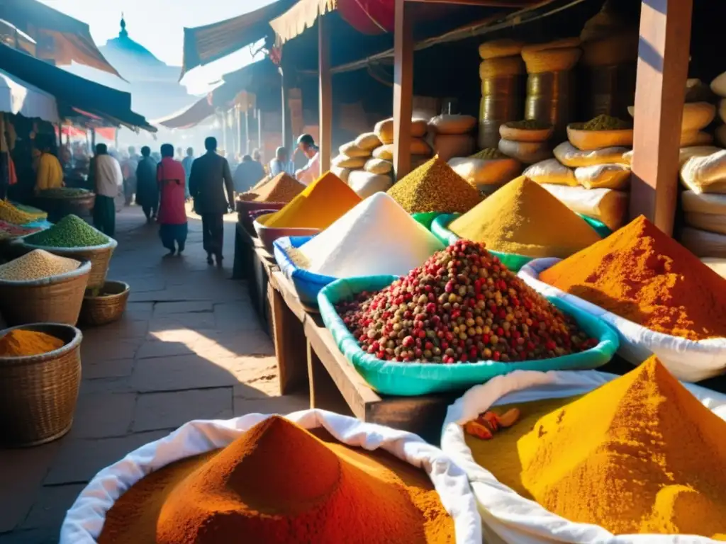 En la Ruta del especiero sabores continentes, un bullicioso mercado de especias en una antigua ciudad, con colores vibrantes y ambiente dinámico