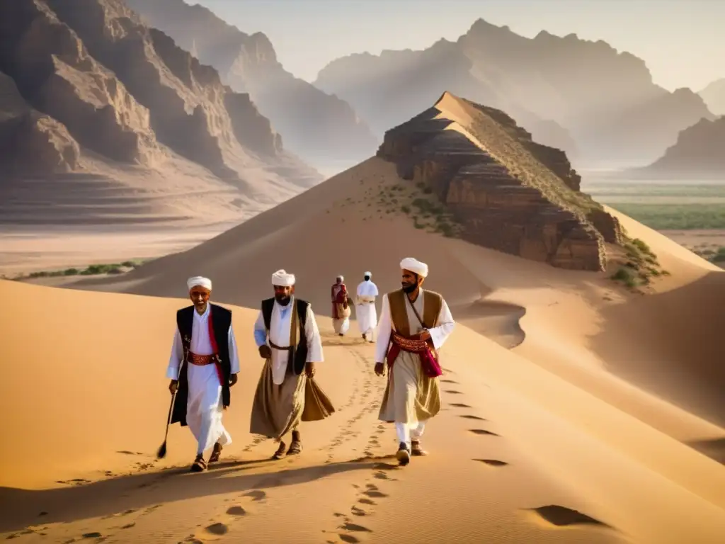 Explorando la Ruta del Incienso en Omán: Hombres omaníes en ropa tradicional llevando incienso, con montañas y desierto de fondo