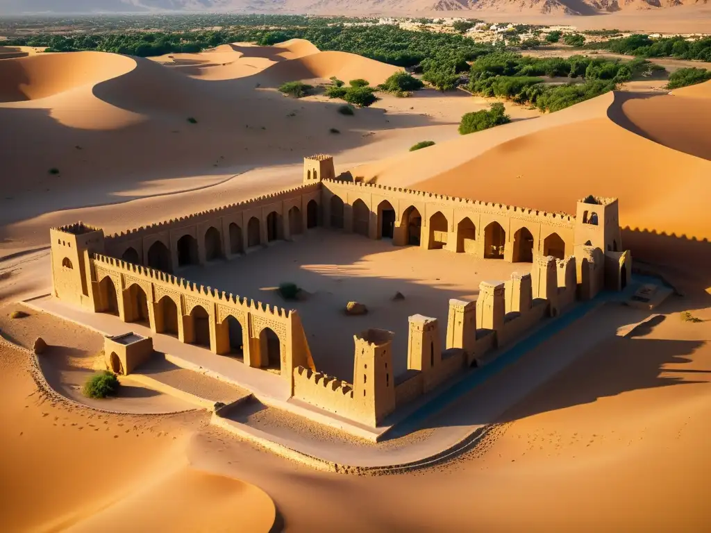 Explorando la Ruta del Incienso en Omán: Ruinas antiguas bañadas por la cálida luz del sol en el vasto desierto de Omán